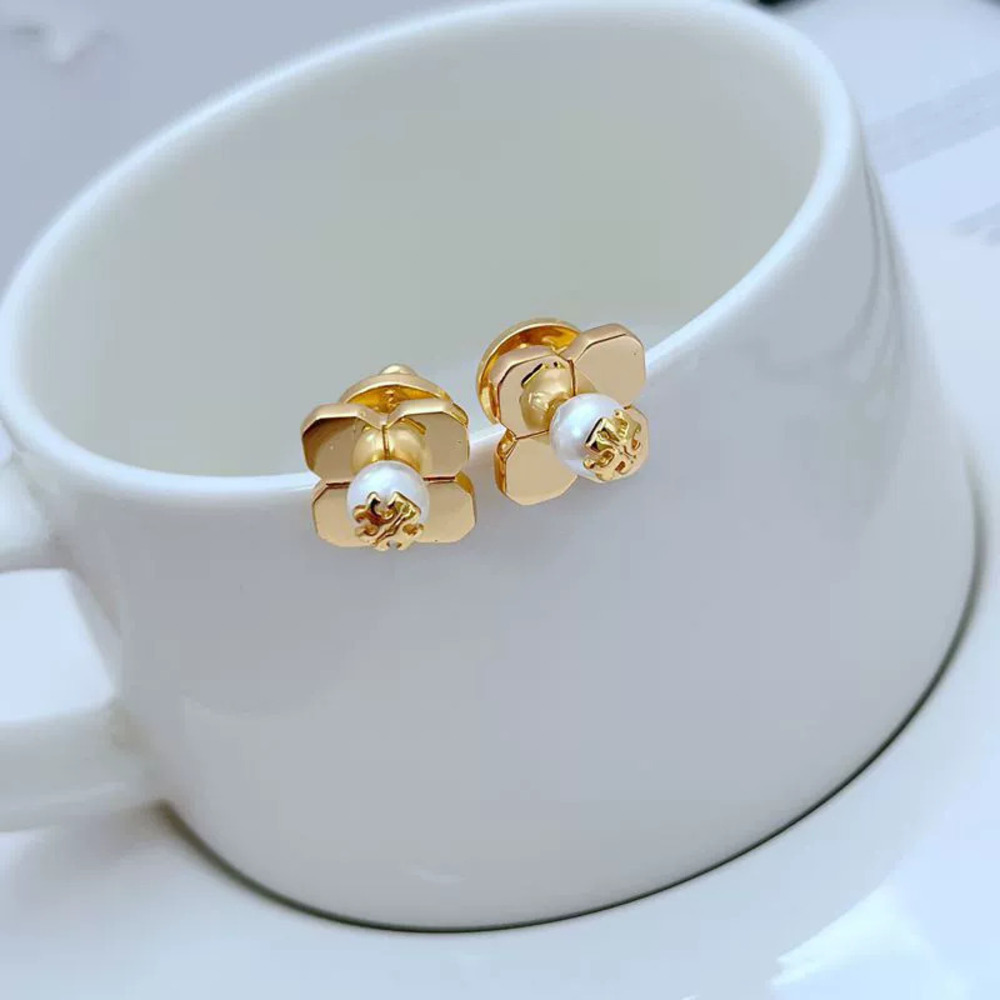 Tory Burch Pearl Inlaid Letter Four Leaf Clover Metal Earrings
